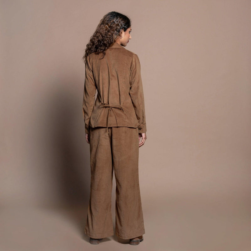 Back View of a Model wearing Camel Brown Cotton Velvet Shirt and Pant Set