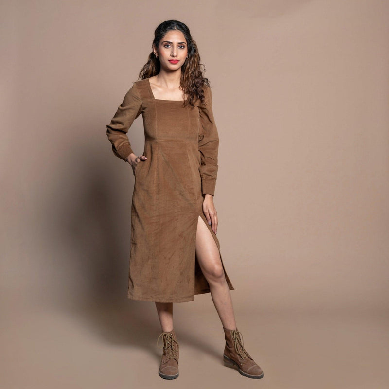 Front View of a Model wearing Camel Brown Cotton Velvet Square Neck Midi Slit Dress