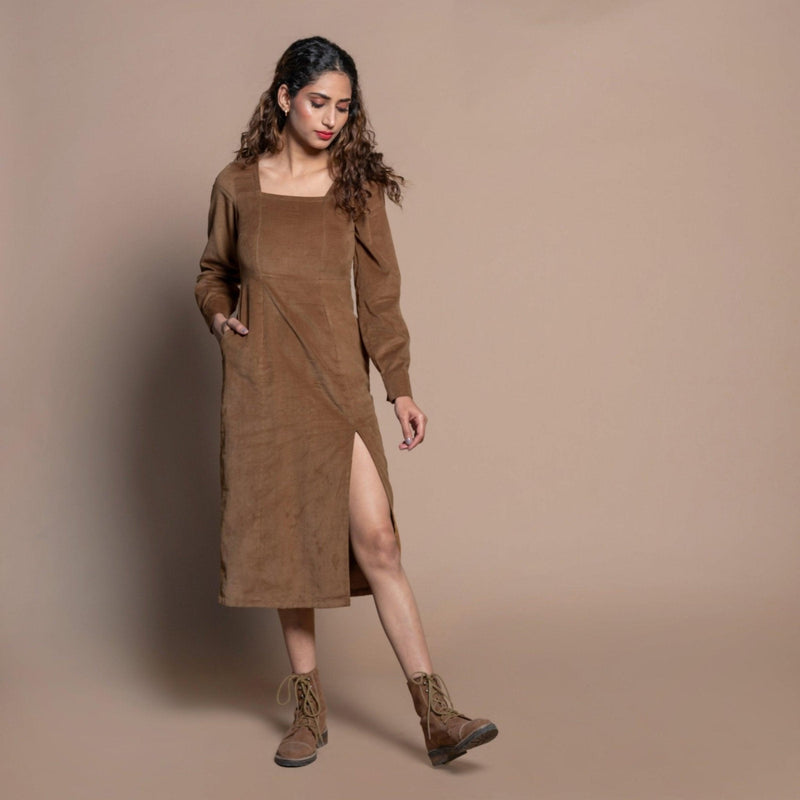 Front View of a Model wearing Camel Brown Cotton Velvet Square Neck Midi Slit Dress