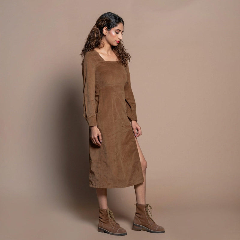 Right View of a Model wearing Camel Brown Cotton Velvet Square Neck Midi Slit Dress