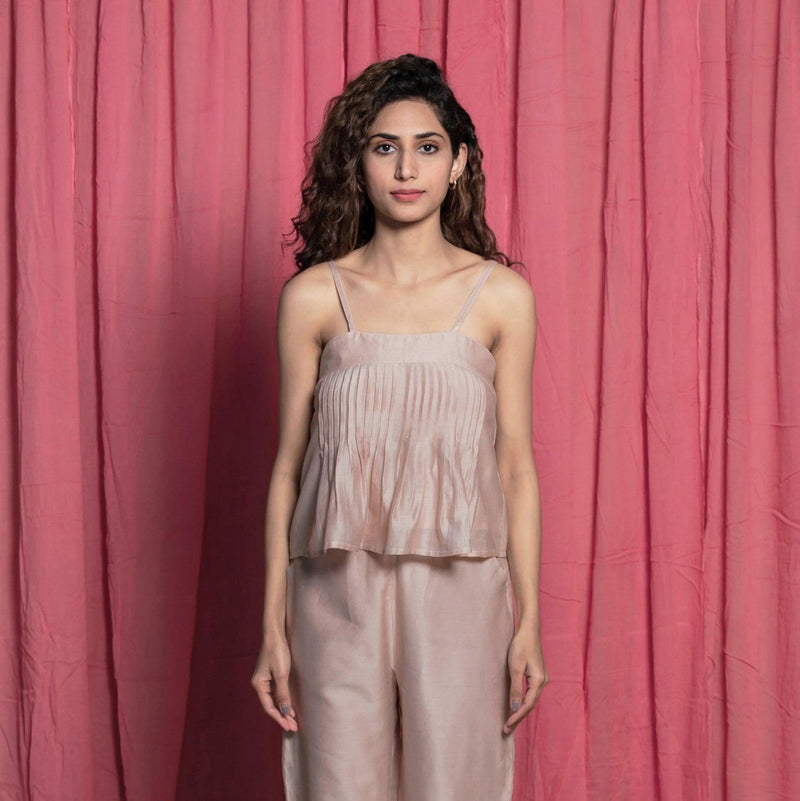 Front View of a Model wearing Champagne Chanderi Flared Crop Top