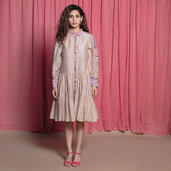 Front View of a Model wearing Champagne Chanderi Button Down Tier Dress