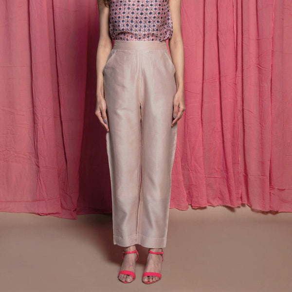 Front View of a Model wearing Champagne Chanderi High Rise Straight Pants