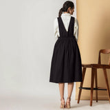 Back View of a Model wearing Charcoal Black Cotton Flax Pinafore Midi Wrap Dress