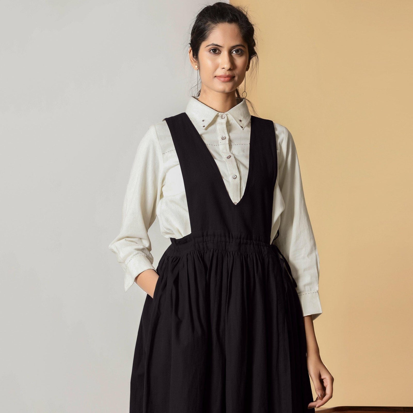 black dress pinafore Charcoal Cotton Flax Midi Wrap 50