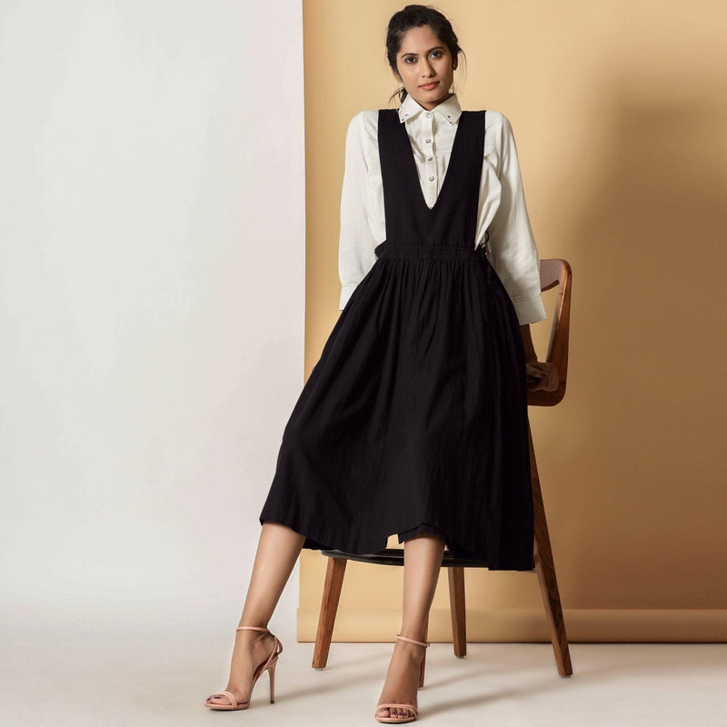 Buy Charcoal Black Cotton Flax Pinafore Midi Wrap Dress Online at SeamsFriendly Buy Charcoal Black Cotton Flax Pinafore Midi Wrap Dress Online at SeamsFriendly