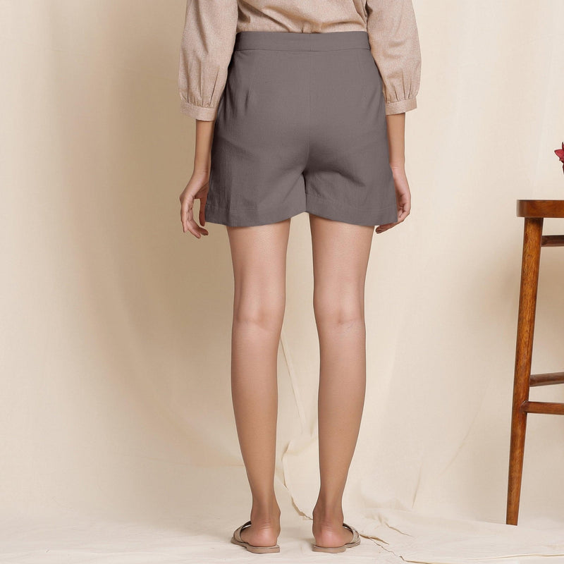 Back View of a Model wearing Charcoal Grey Cotton Flannel High-Rise Shorts