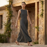 Charcoal Grey Cotton Flannel Sleeveless Paneled Maxi Dress
