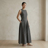 Charcoal Grey Cotton Flannel Sleeveless Paneled Maxi Dress