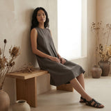 Charcoal Grey Cotton Flannel Sleeveless Paneled Swing Dress