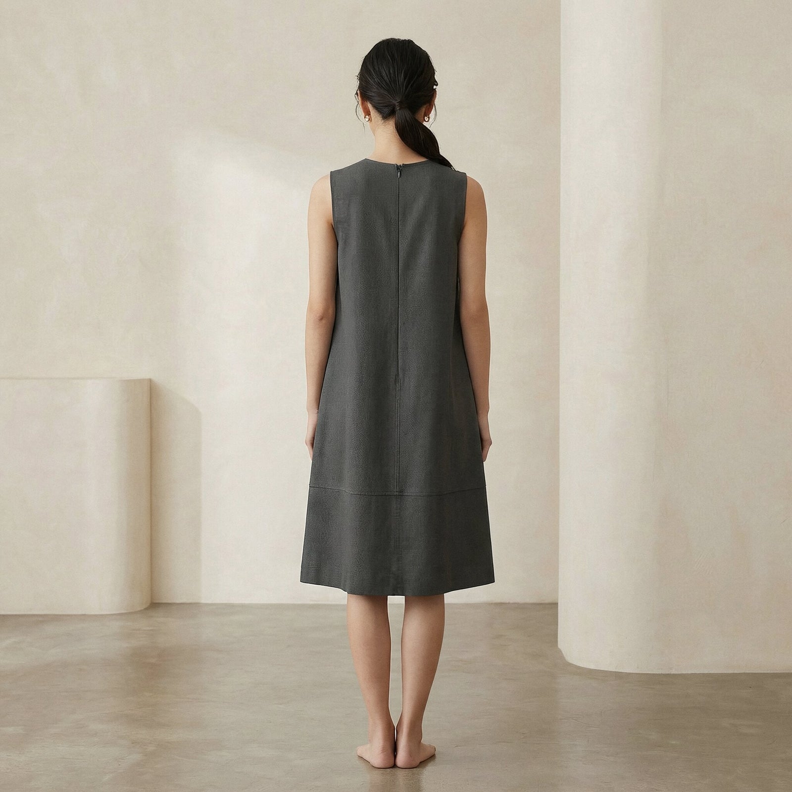 Charcoal Grey Cotton Flannel Sleeveless Paneled Swing Dress 46" / Regular (5'2" - 5'6")