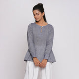 Front View of a Model wearing Charcoal Grey Cotton Flared Tunic Top