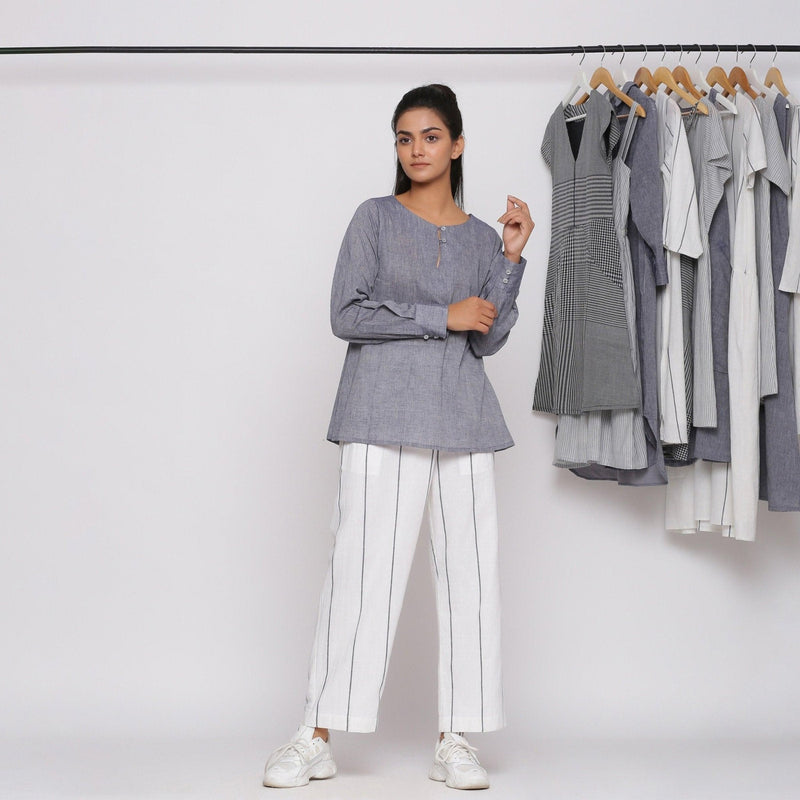 Front View of a Model wearing Charcoal Grey Cotton Flared Tunic Top