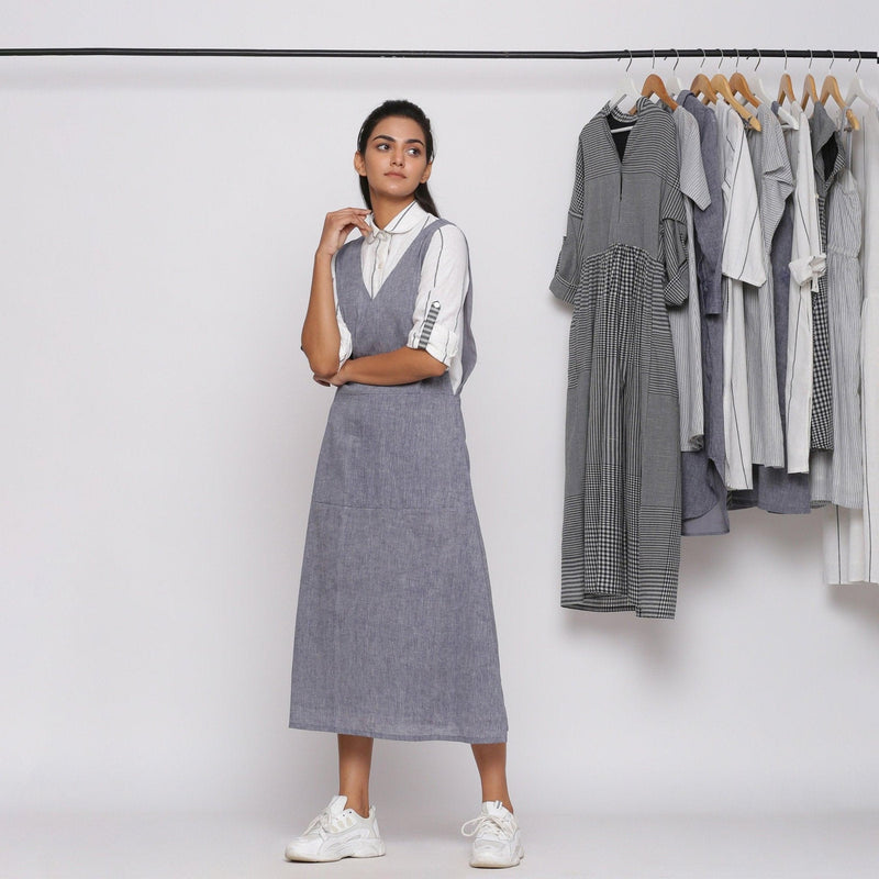 Front View of a Model wearing Deep V-Neck Charcoal Grey Pinafore Dress