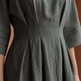 Charcoal Grey Warm Cotton Flannel Boat Neck Maxi Dress with Kimono Sleeves