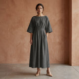 Charcoal Grey Warm Cotton Flannel Boat Neck Maxi Dress with Kimono Sleeves