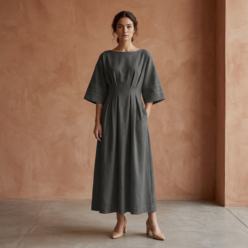 boat neck cotton dress Charcoal Grey Warm Flannel Maxi with Kimono Sleeves 44