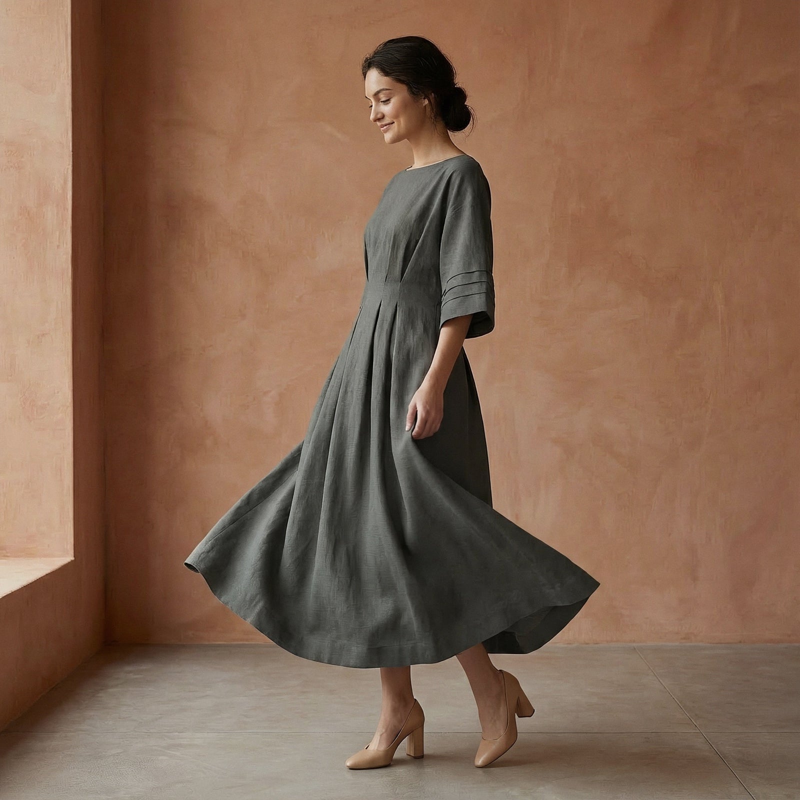Charcoal Grey Warm Cotton Flannel Boat Neck Maxi Dress with Kimono Sleeves 44