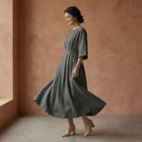 Charcoal Grey Warm Cotton Flannel Boat Neck Maxi Dress with Kimono Sleeves