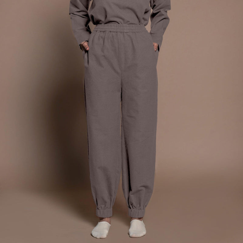 Front View of a Model wearing Charcoal Grey Warm Cotton Flannel Elasticated High-Rise Jogger Pant