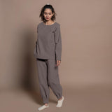 Left View of a Model wearing Charcoal Grey Warm Cotton Flannel Elasticated High-Rise Jogger Pant