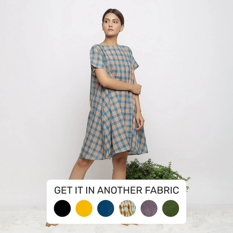 Checks Cotton Muslin Boat Neck Flared Short Dress Checks Cotton Muslin Boat Neck Flared Short Dress