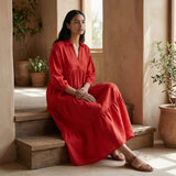 Cherry Red Cotton Deep-V Maxi Tier Dress