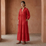 Cherry Red Cotton Deep-V Maxi Tier Dress