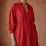 Cherry Red Cotton Deep-V Maxi Tier Dress