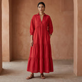 Cherry Red Cotton Deep-V Maxi Tier Dress