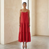 Cherry Red Cotton Drop-Waist Camisole Maxi Tier Dress