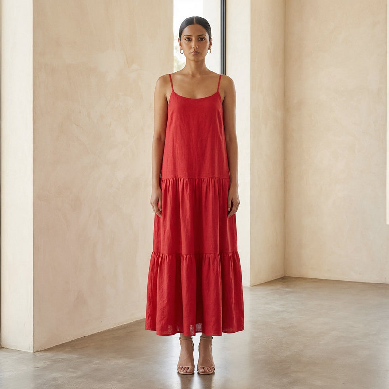 Cherry Red Cotton Drop-Waist Camisole Maxi Tier Dress 32