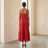 Cherry Red Cotton Drop-Waist Camisole Maxi Tier Dress