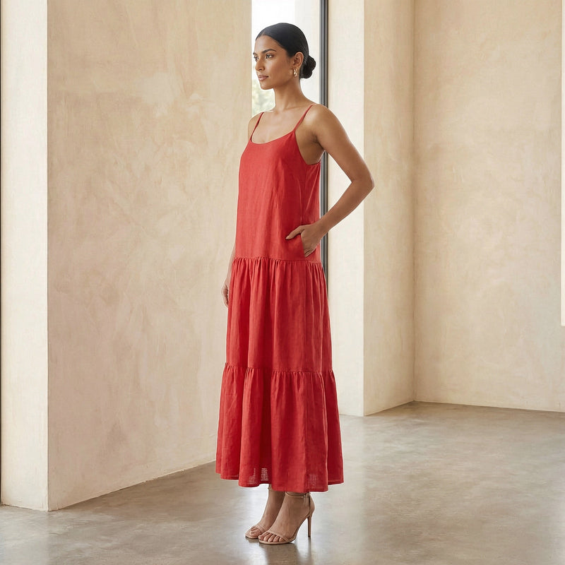 red cotton maxi dress Cherry Red Cotton Drop-Waist Camisole Maxi Tier Dress 32