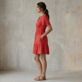 Cherry Red Cotton Elasticated Short Tier Dress