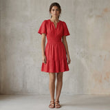 Cherry Red Cotton Elasticated Short Tier Dress
