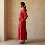 Cherry Red Cotton Fit and Flare Maxi Tier Dress