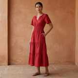 Cherry Red Cotton Flutter Sleeve Tie-Back Tiered Midi Dress