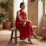 Cherry Red Cotton Halter-Neck Sleeveless Midi Tier Dress
