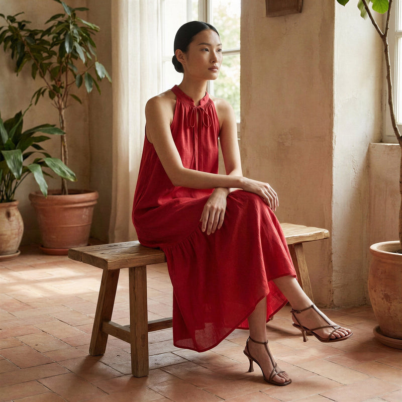 Buy Cherry Red Cotton Halter-Neck Sleeveless Midi Tier Dress Online at SeamsFriendly Buy Cherry Red Cotton Halter-Neck Sleeveless Midi Tier Dress Online at SeamsFriendly