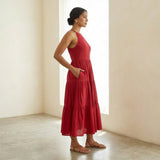 Cherry Red Cotton Halter Neck Tier Midi Dress