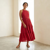 Cherry Red Cotton Halter Neck Tier Midi Dress