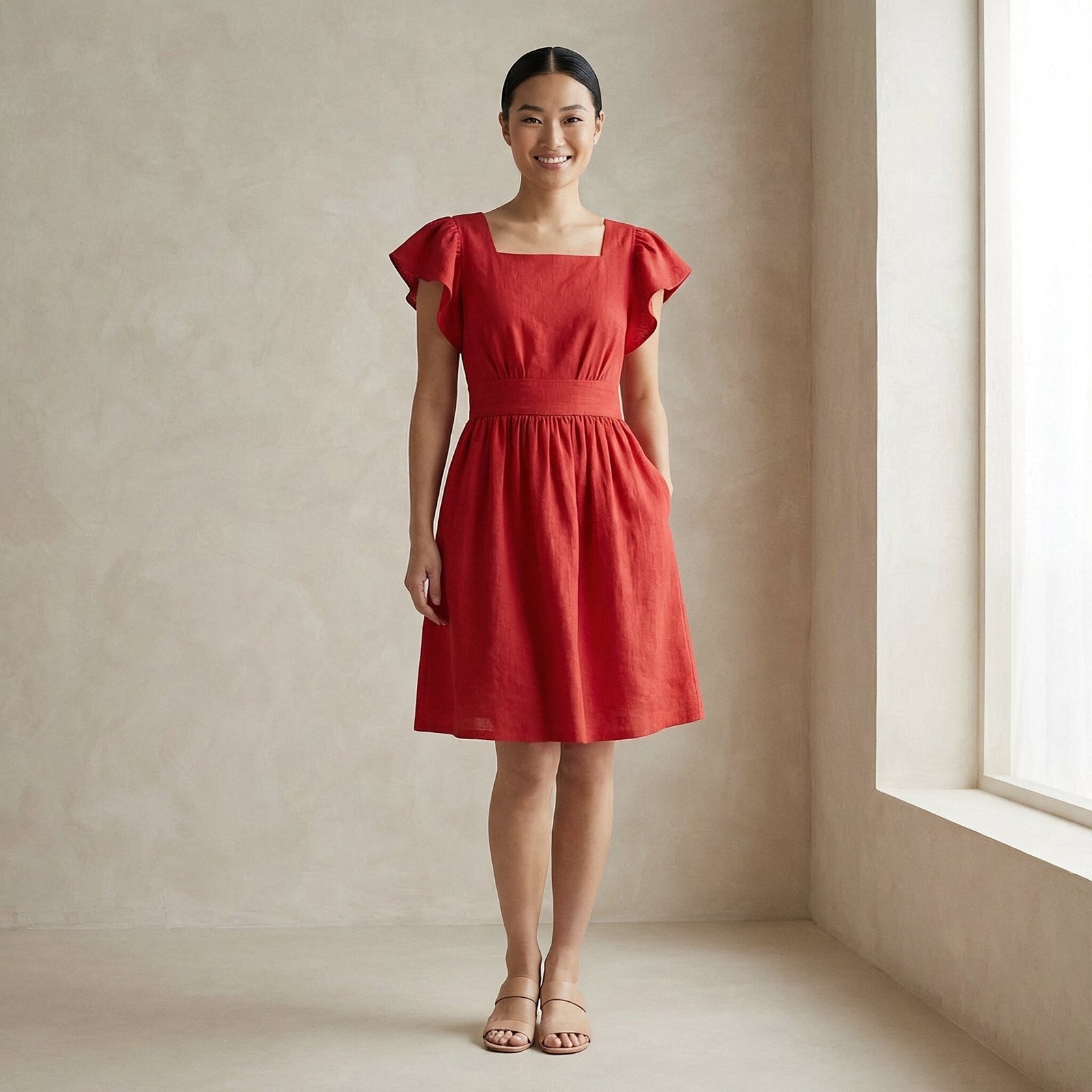 red fit and flare dresses Cherry Cotton Open-Back Knee Length Dress 32