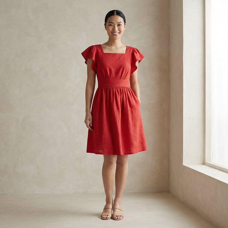 red fit and flare dress Cherry Cotton Open-Back Knee Length 32