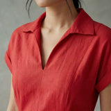 Cherry Red Cotton Paneled A-Line Midi Dress