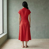 Cherry Red Cotton Paneled A-Line Midi Dress