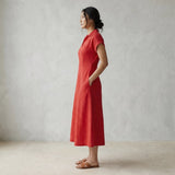 Cherry Red Cotton Paneled A-Line Midi Dress