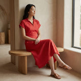 Cherry Red Cotton Paneled A-Line Midi Dress