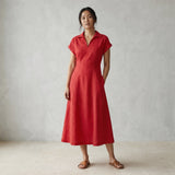 Cherry Red Cotton Paneled A-Line Midi Dress
