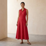 Cherry Red Cotton Paneled Sleeveless Maxi Dress